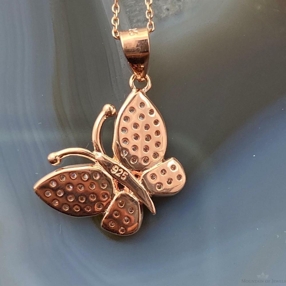 Sterling Silver Rose Coated with Cubic Zirconia Butterfly Pendant with Chain - Picture 5 of 9